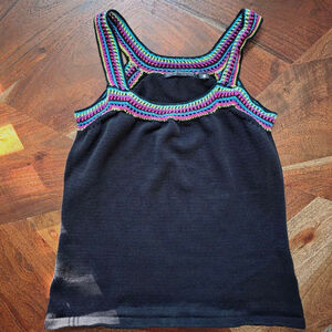 Women's Babette Ballinger Black Knit Tank Top L with Multicolor Crochet Trim Y2K